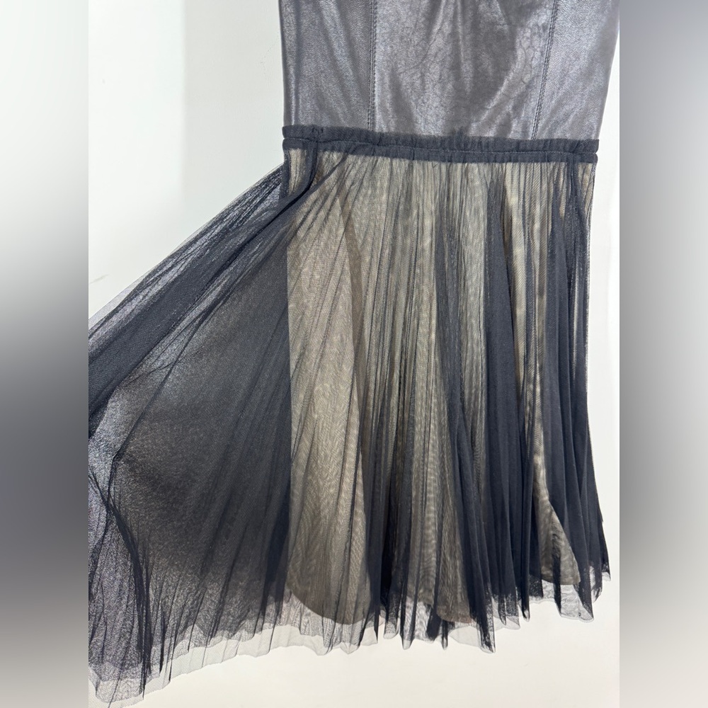 Alice + Olivia Leather Tulle Dress Black Fit Flare Party Mini Size 6 Dark Goth - Picture 3 of 15